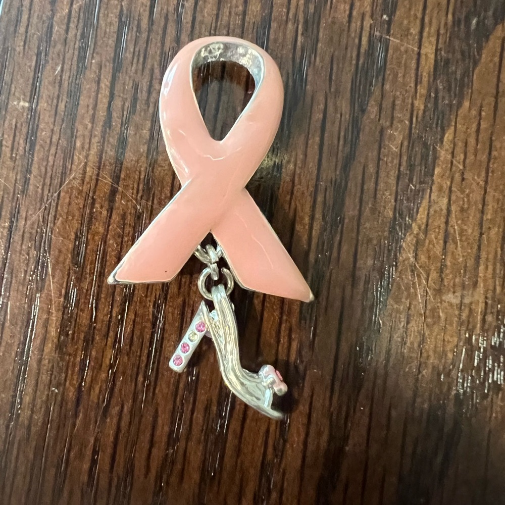 Payless 2005 Enameled Pink Ribbon with Dangling Silver Tone High Heel Shoe Pin